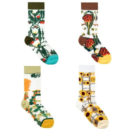 Women s Crew Multi Flower See-Through Socks 4pairs Set