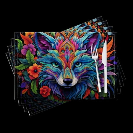 Placemats Set Of 4 Rectangle Linen Cotton Placemats For Dining Table Fade Resistance Washable Heat Resistant,18*12Inch Colorful Fox Head With Vibrant Colors And Surrounded By Flowers And Leaves 
Placemats Set Of 4 Rectangle Linen Cotton Placemats For Dining Table Fade Resistance Washable Heat Resistant,18*12Inch Colorful Fox Head With Vibrant Colors And Surrounded By Flowers And Leaves