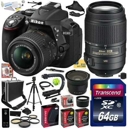 Nikon D5300 24.2 MP CMOS Digital SLR Camera with 18-55mm f\/3.5-5.6G ED VR II AF-S DX NIKKOR Zoom Lens & AF-S NIKKOR 55-300mm f\/4.5-5.6G ED VR Zoom Lens (Black) (1522) with 64GB SD Memory Card and More Nikon D5300 24.2 MP CMOS Digital SLR Camera with 18-55mm f\/3.5-5.6G ED VR II AF-S DX NIKKOR Zoom Lens & AF-S NIKKOR 55-300mm f\/4.5-5.6G ED VR Zoom Lens (Black) (1522) with 64GB SD Memory Card and More