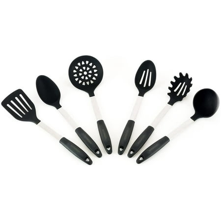 

tainless Steel & Silicone Kitchen Cooking Utensil 6 Piece Set Classic Black Color Nonstick Heat-Resistant. Ladle Spoon Pasta Claw Turner Spatula Slotted Spoon and Straining Spoon