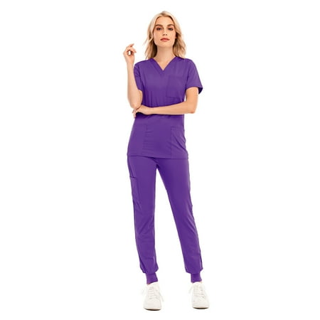 Womens Casual Sports Suit Jogging Pants Solid Color V-Neck Short-Sleeved Pocket Nurse Uniform Suit
Womens Casual Sports Suit Jogging Pants Solid Color V-Neck Short-Sleeved Pocket Nurse Uniform Suit