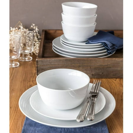 Better Homes and Gardens 12 Piece Porcelain Round Ribbed Set, White