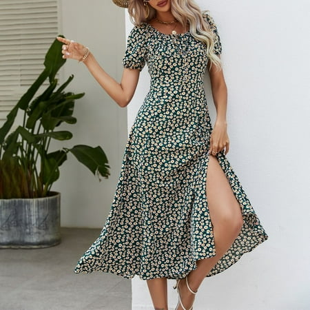 Floral Print Holiday Dress Square Collar Puff Sleeve Slit Women Summer Long Robe