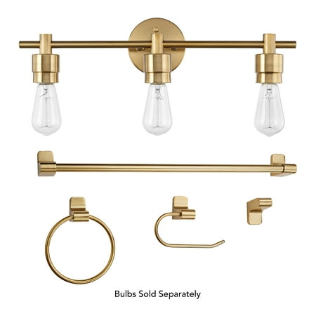 Globe Electric Alexandria 5-Piece Matte Brass Bathroom Set with 3-Light Vanity Light 51563
Globe Electric Alexandria 5-Piece Matte Brass Bathroom Set with 3-Light Vanity Light 51563