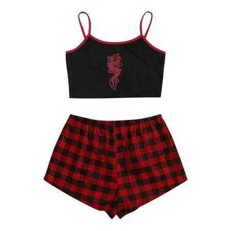 Womens Summer Pajamas Set Casual Printed Crop Cami Top and Plaid Shorts 2 Pieces Outfits Sleepwear Loungewear
Womens Summer Pajamas Set Casual Printed Crop Cami Top and Plaid Shorts 2 Pieces Outfits Sleepwear Loungewear