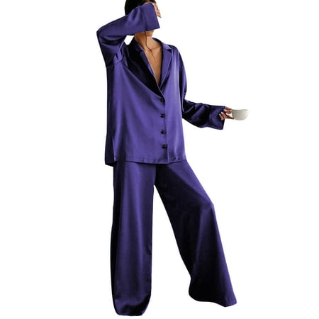 Cindysus Women Nightwear Lapel Collar Sleepwear Button Down Pajamas Sets Plain Home Clothes Solid Color Lounge Set Purple L
Cindysus Women Nightwear Lapel Collar Sleepwear Button Down Pajamas Sets Plain Home Clothes Solid Color Lounge Set Purple L
