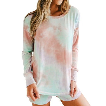HUBERY Women Tie-Dye Printed Round Neck Long Sleeves Sleepwear Set 
HUBERY Women Tie-Dye Printed Round Neck Long Sleeves Sleepwear Set