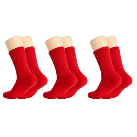 Solid Cotton Cushion Crew Socks for Women and Men Red 3 Pairs Size 9-11