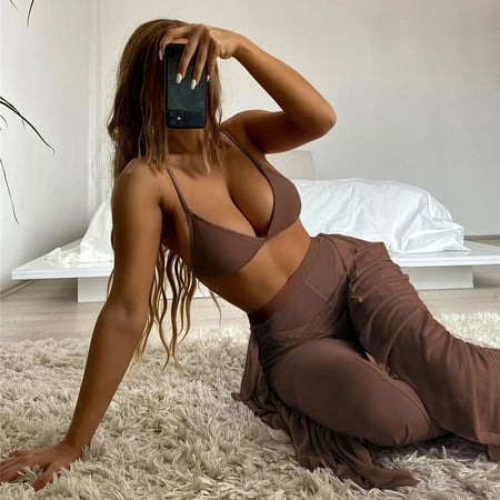 Finelylove Womens Swimsuits Lightly Lined Sport Bra Style Pants Brown XL