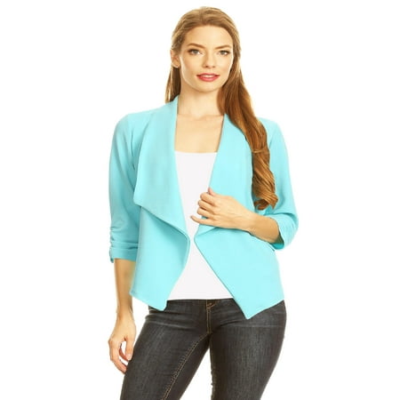 MOA COLLECTION Women's Casual 3/4 Sleeve Open Front Cardigan Jacket Work Office Blazer with Plus size
