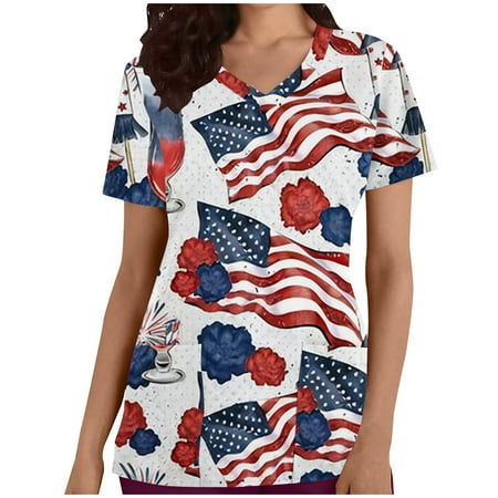 LWZWM Women s Stars Stripes Scrub Tops Short Sleeve V-Neck Pocket White L