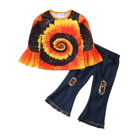 ZHUASHUM Toddler Girls Outfit Sunflowers Prints Long Sleeves Tops Denim Bell Bottom Jeans Pants Headband 3pcs Set Outfits
ZHUASHUM Toddler Girls Outfit Sunflowers Prints Long Sleeves Tops Denim Bell Bottom Jeans Pants Headband 3pcs Set Outfits