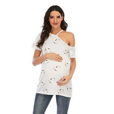 

Pregnant Women Summer Short Sleeve Fashion Versatile Love Print Off Shoulder T-shirt Casual Loose Top for Maternity Women