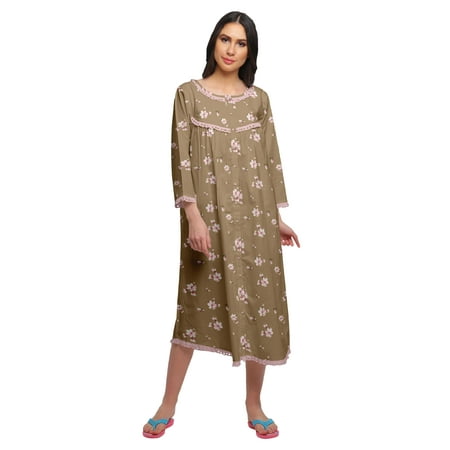 Moomaya Cotton Women Knee Length 3/4th Sleeve Nightdress Printed Nightwear