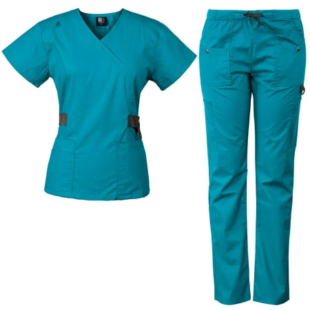 

Medgear 12-Pocket Women s Scrub Set with Silver Snap Detail & Contrast Trim Turquoise X-Small