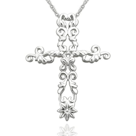 Precious Moments Sterling Silver Diamond Accent Scroll Design Cross Pendant with Chain, 18