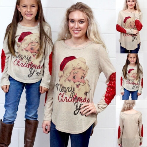 Christmas Mother and Daughter Pullover Tops Santa Long Sleeve Xmas T-Shirt Tops