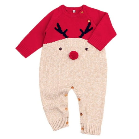 Baby Christmas Red Nose Reindeer Long Sleeve Pajamas Jumpsuit Knit Romper 0-24M