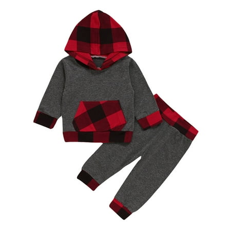 

Honeeladyy Winter Newborn Infant Baby Girls Boys Plaid Stripe Patchwork Hoodie+Pants Set Outfits Red Clearance under 10$