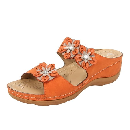 Pgeraug womens slippers Women s Fashion Casual Platforms Floral Wedges Slippers Outdoor Shoes mens slippers Orange 37