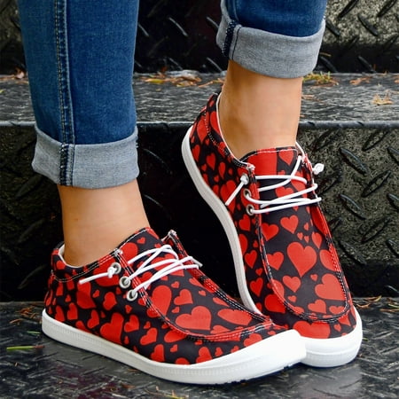 Women‘s Love Heart Pattern Canvas Shoes Round Toe Low Top Lace Up Flat Casual Shoes Valentine‘s Day Shoes
