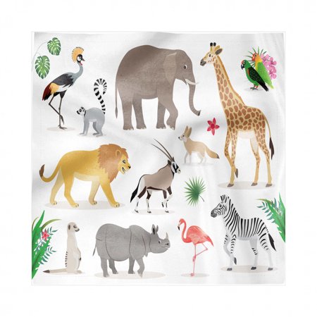 Animals Napkins Set of 4, Zoo Creatures Illustration Giraffe Elephant Flamingo Zebra Lion, Silky Satin Fabric for Brunch Dinner Buffet Party, by Ambesonne