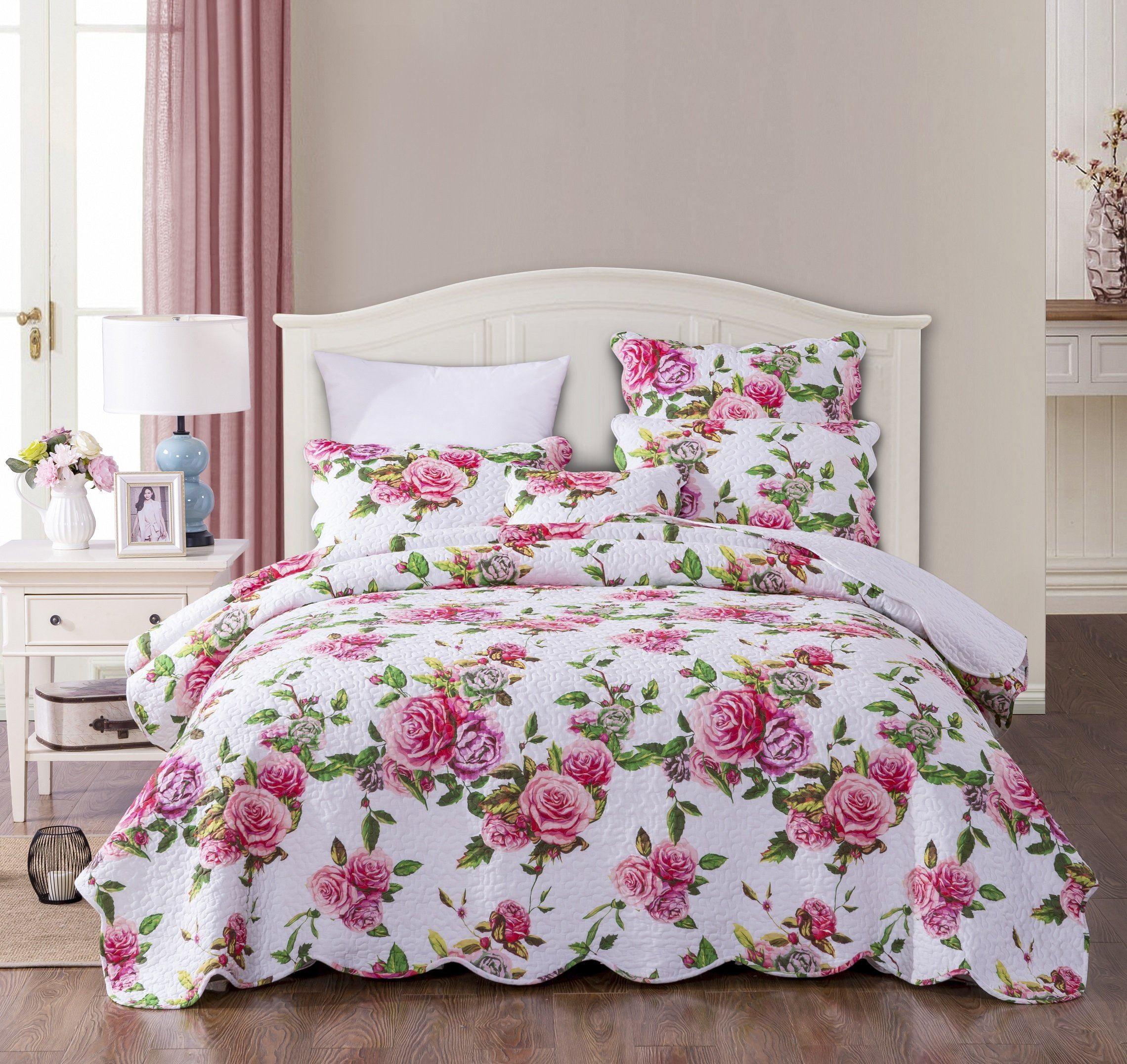 Dada Bedding Romantic Roses Lovely Spring Pink Floral Quilted Scalloped