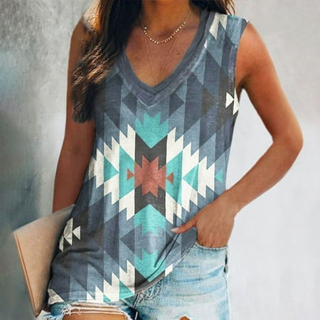 

Women V Neck Western Tribal Ethnic Print Tops Summer Fashion Sleeveless Loose Tee Shirt Blouse Tank Black Scoop Neck 34b Shelf Bra