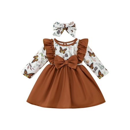 Calsunbaby 2Pcs Toddler Baby Girls Dress Set Butterfly Flower Print Round Neck Long Sleeve Cutout Dress + Bow Headband Dark Brown 12-18 Months
Calsunbaby 2Pcs Toddler Baby Girls Dress Set Butterfly Flower Print Round Neck Long Sleeve Cutout Dress + Bow Headband Dark Brown 12-18 Months