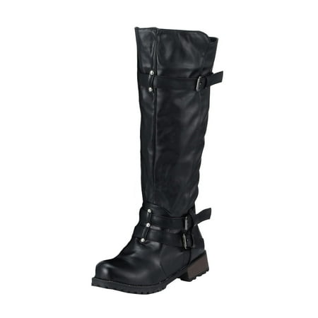 Mid Calf Boots for Women Womens Slouchy Side Zipper Boots Buckle Strap Low Chunky Heel Boots Winter Combat Booties Mid Knee High Boots Buckle Fashion Shoes