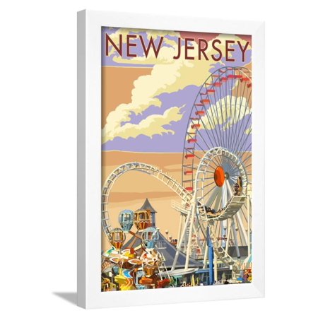 New Jersey - Pier and Sunset Framed Print Wall Art By Lantern Press
