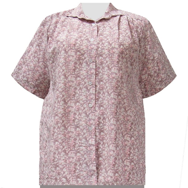A Personal Touch Women's Plus Size Short Sleeve Button-Up Print Blouse with Pleats Pink Stella - 1X