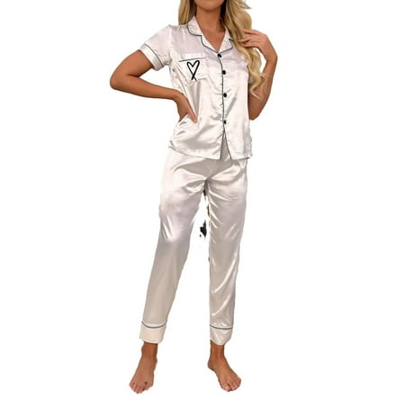 Womens Pajama Sets Button Front Lapel Sleepwear White XL