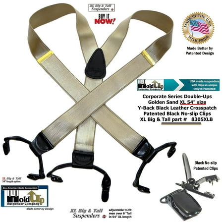 Double-Up XL version of Satin Finished Golden Sand Tan Y-back Holdup Suspenders with Patented No-slip clips