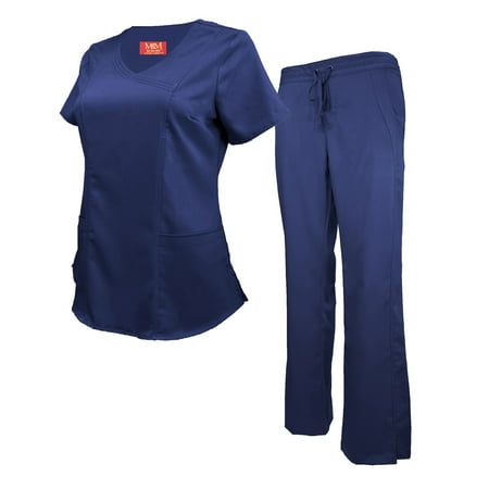 

M&M SCRUBS Women s Ultra Soft Stretch Mock Wrap Scrub Top and Pants 82019200 (True Navy Blue XXX-Large)
