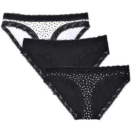 Donna Loren Women s Floral Lace Trim Bikini Panties 3-Piece Set Dot/Black/Dot M
