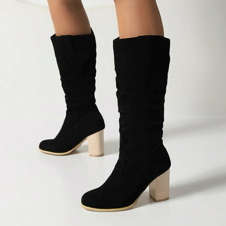 ZMHEGW Women Boots Ladies Solid Color Suede Chunky High Heel Wrinkled Long Knee Boots Shoes