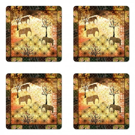 

African Coaster Set of 4 Patchwork Inspired Pattern Grunge Vintage Featured Elephants Trees Roses Print Square Hardboard Gloss Coasters Standard Size Multicolor by Ambesonne