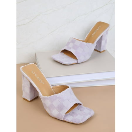Faux Suede Plaid Pattern Chunky Heeled Mule Sandals Women‘s Footwear