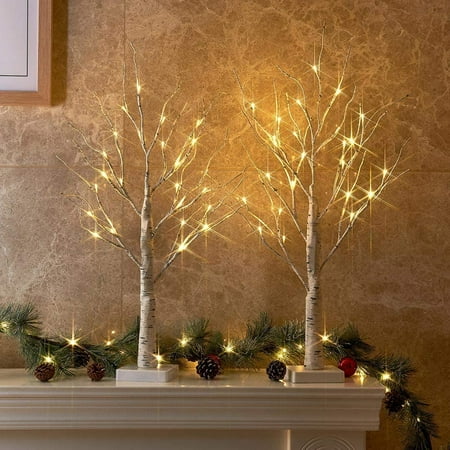 Set of 2 2FT 24LT Birch Tree Battery Powered Warm White LED for Home Decoration Wedding