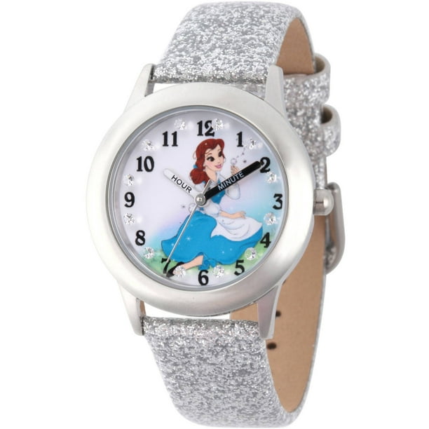 Princess Belle Girls' Stainless Steel Time Teacher Watch with Glitz, Silver Giltter Leather Strap
