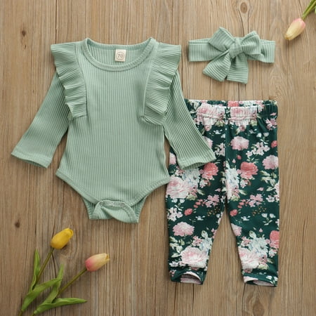 Spring hue Baby Girls Spring Clothes Set Solid Color Long Sleeve Ribbed Ruffle Romper + Floral Trousers + Bowknot Headband 3Pcs Outfits
Spring hue Baby Girls Spring Clothes Set Solid Color Long Sleeve Ribbed Ruffle Romper + Floral Trousers + Bowknot Headband 3Pcs Outfits