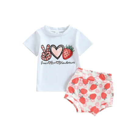 Bagilaanoe 3pcs Newborn Baby Girls Short Pants Set Short Sleeve Strawberry Print T-shirt Tops + Shorts + Hairband 6M 12M 18M 24M Infant Casual Summer Outfits