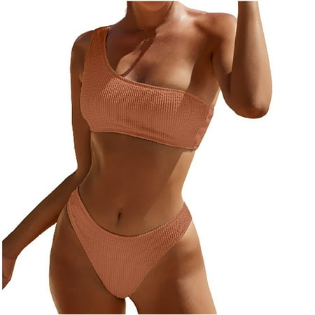 

REORIAFEE Women Bathing Suits 2023 Slim Tummy Control Swimsuit One Shoulder Beachwear Summer Swimwear 2023 Bikini Y2k Bikini Spring Break Savings St. Patrick’s Day Prep Fresh Trends Styles Brown L