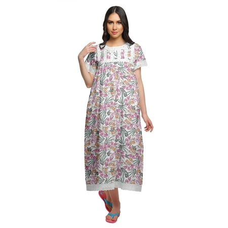 Moomaya Printed Short Sleeve Maxi Nightdress Button Down Cotton Sleepwear Gown