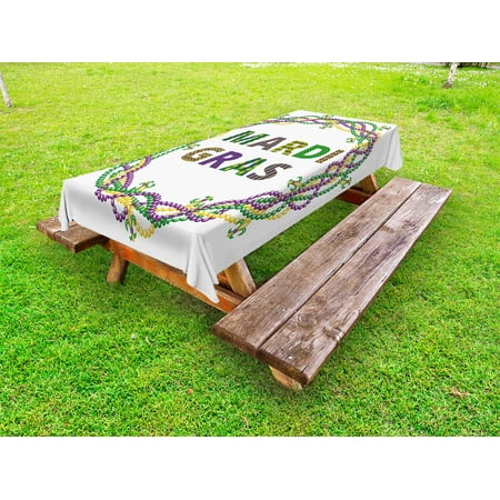 

Mardi Gras Outdoor Tablecloth Vivid Beads Circular Frame with Lettering Traditional Patterns Print Decorative Washable Fabric Picnic Table Cloth 58 X 84 Inches Purple Green Yellow by Ambesonne