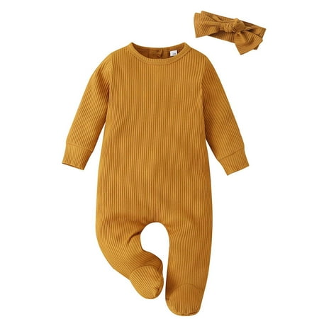 

Mikilon Newborn Infant Baby Boy Girl Long Sleeve Solid Romper Jumpsuit Clothes+Headband Pajama Onesie for Baby Girls 6-9 Months Yellow 2023 Deal