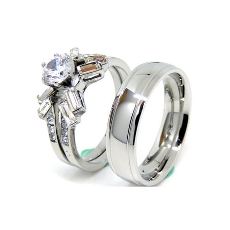 Couple Rings Set Womens 5x5mm Round Cubic Zirconia Wedding Ring Mens Engagement Band- Size W6M7