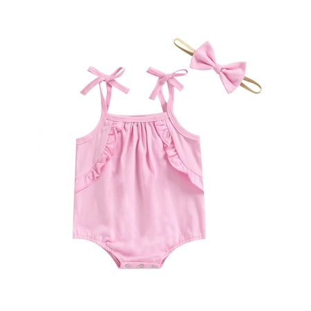 Calsunbaby Infant Baby Girls Romper Set Lacing Spaghetti Straps Solid Color Romper with Bowknot Hairband
Calsunbaby Infant Baby Girls Romper Set Lacing Spaghetti Straps Solid Color Romper with Bowknot Hairband