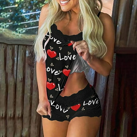 Ovzne Women s Valentine s Day Love Printing Set Elastic Waist Short Pants Pajamas Sets